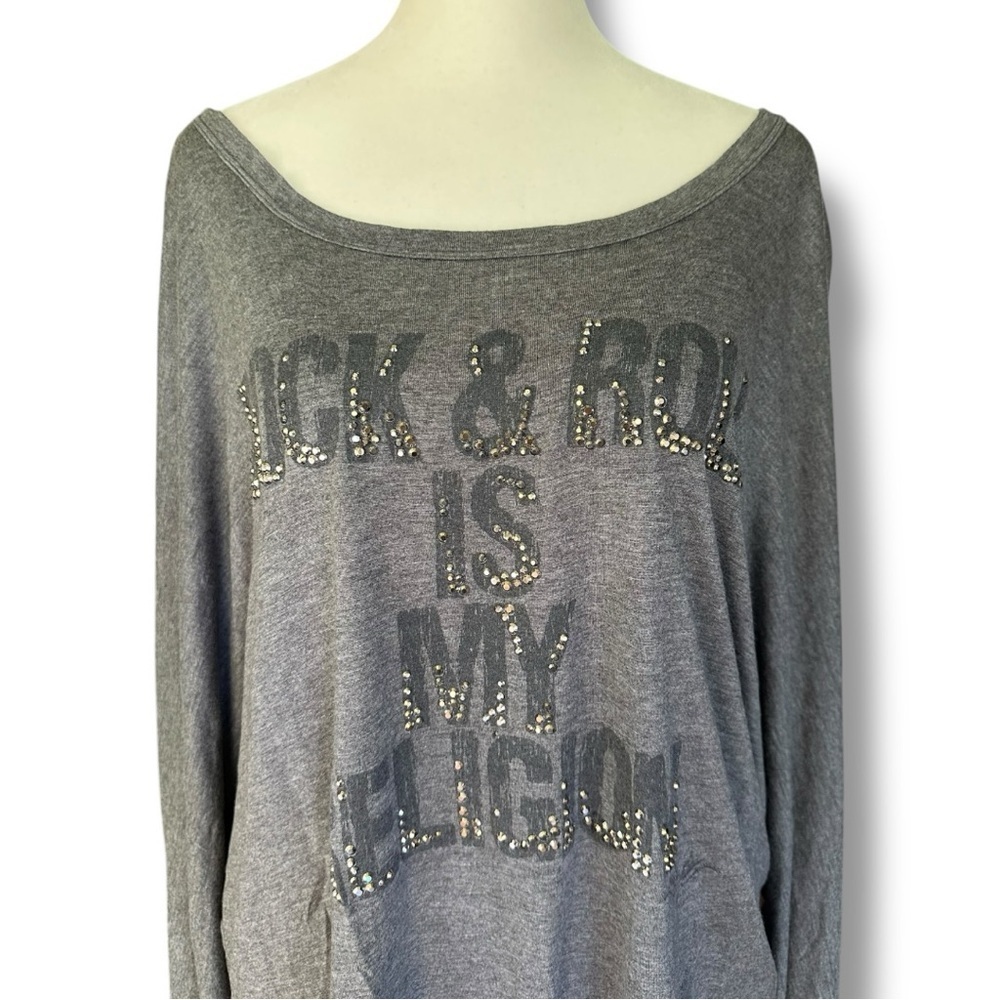 Haute Hippie Gray Rhinestone Rock & Roll is My Religion Surplus Sleeve Tee | M - Picture 4 of 14